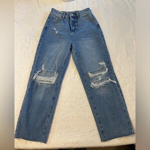 SHEIN Distressed Medium Blue Straight Leg Jeans